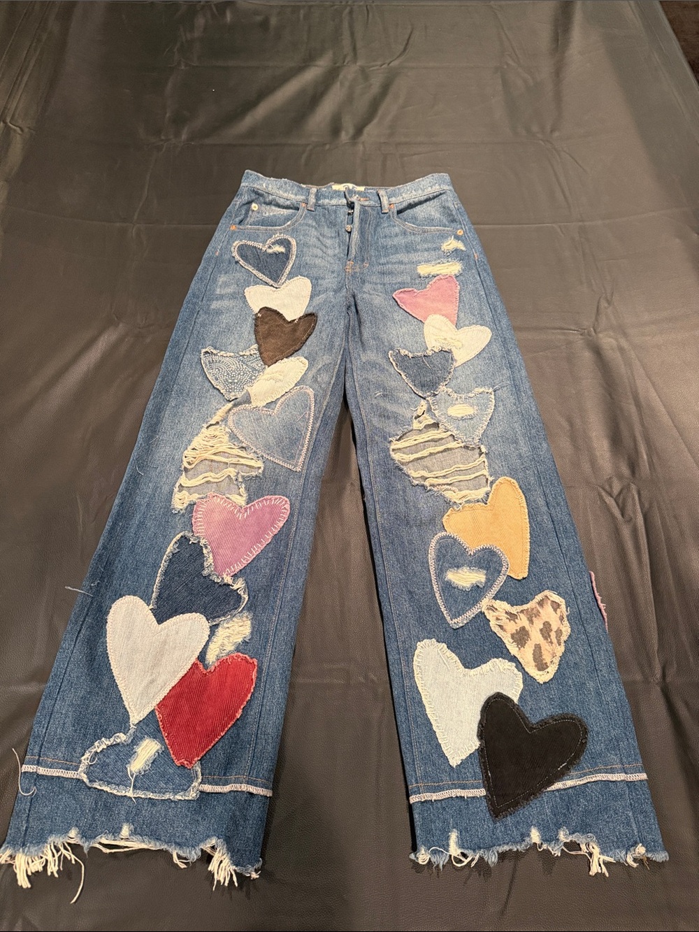 We The Free Denim Wide-Leg Jeans with Multicolor Heart Patches - Picture 1 of 3